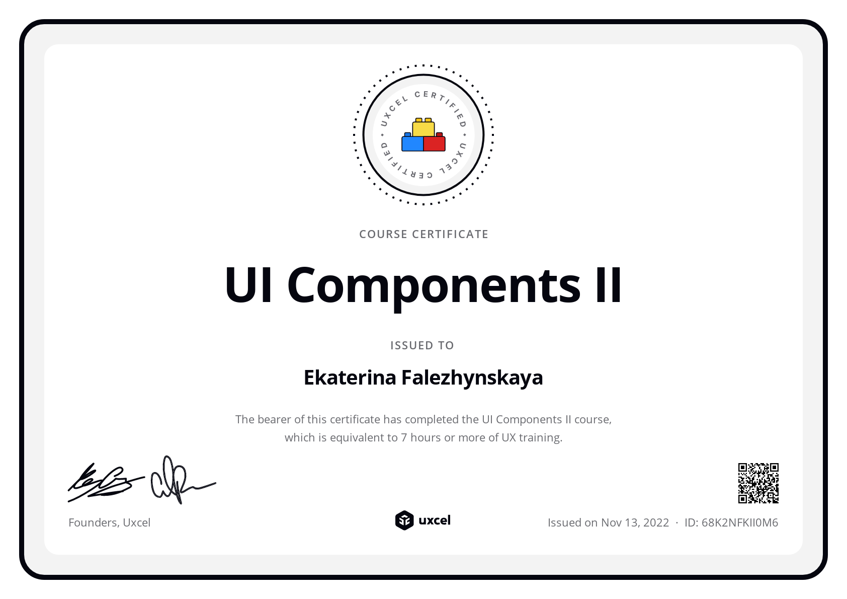 Ekaterina Falezhynskaya's certificate